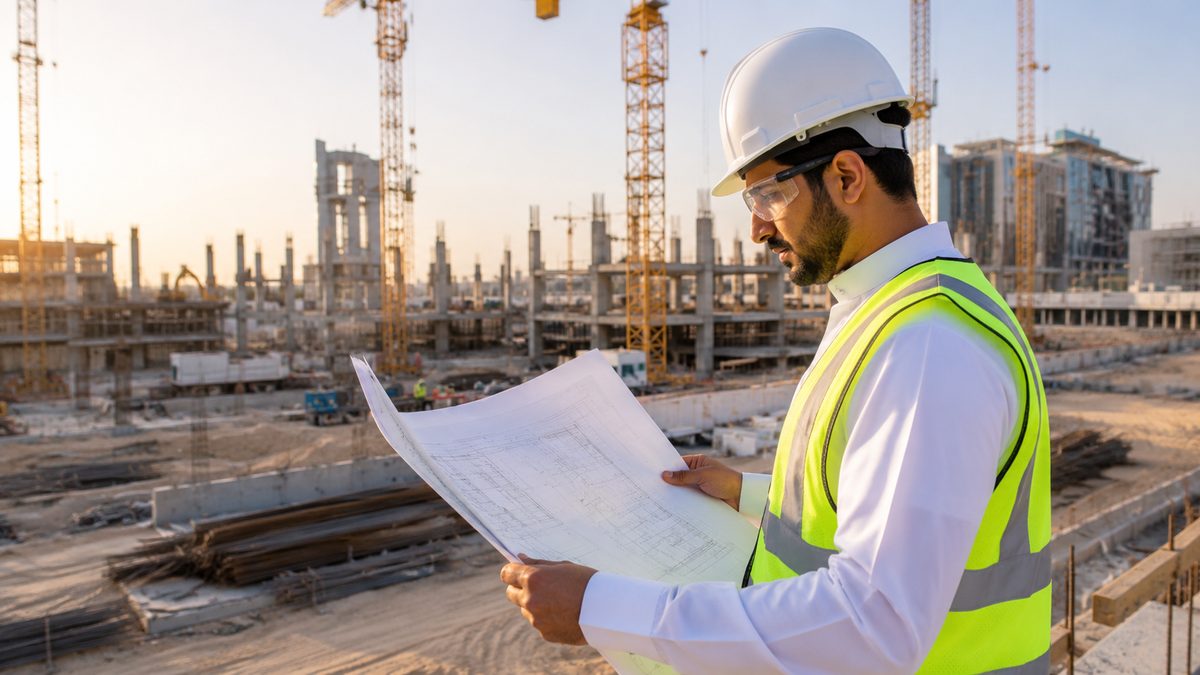 Civil engineer reviewing construction drawings on a Saudi project site