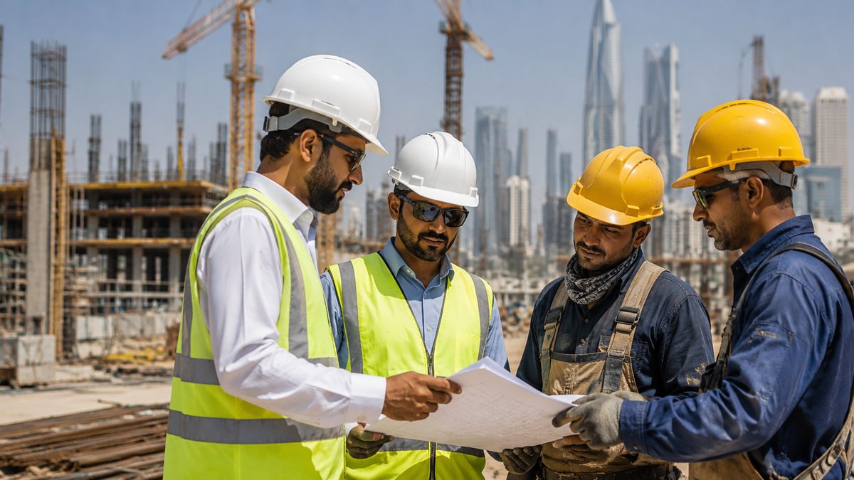 Engineer supervisor and skilled construction workers coordinating on a Saudi site