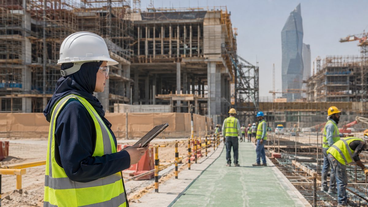 HSE professional conducting a construction safety inspection in Saudi Arabia