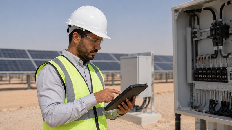 Renewable energy engineer working at a solar project in Saudi Arabia