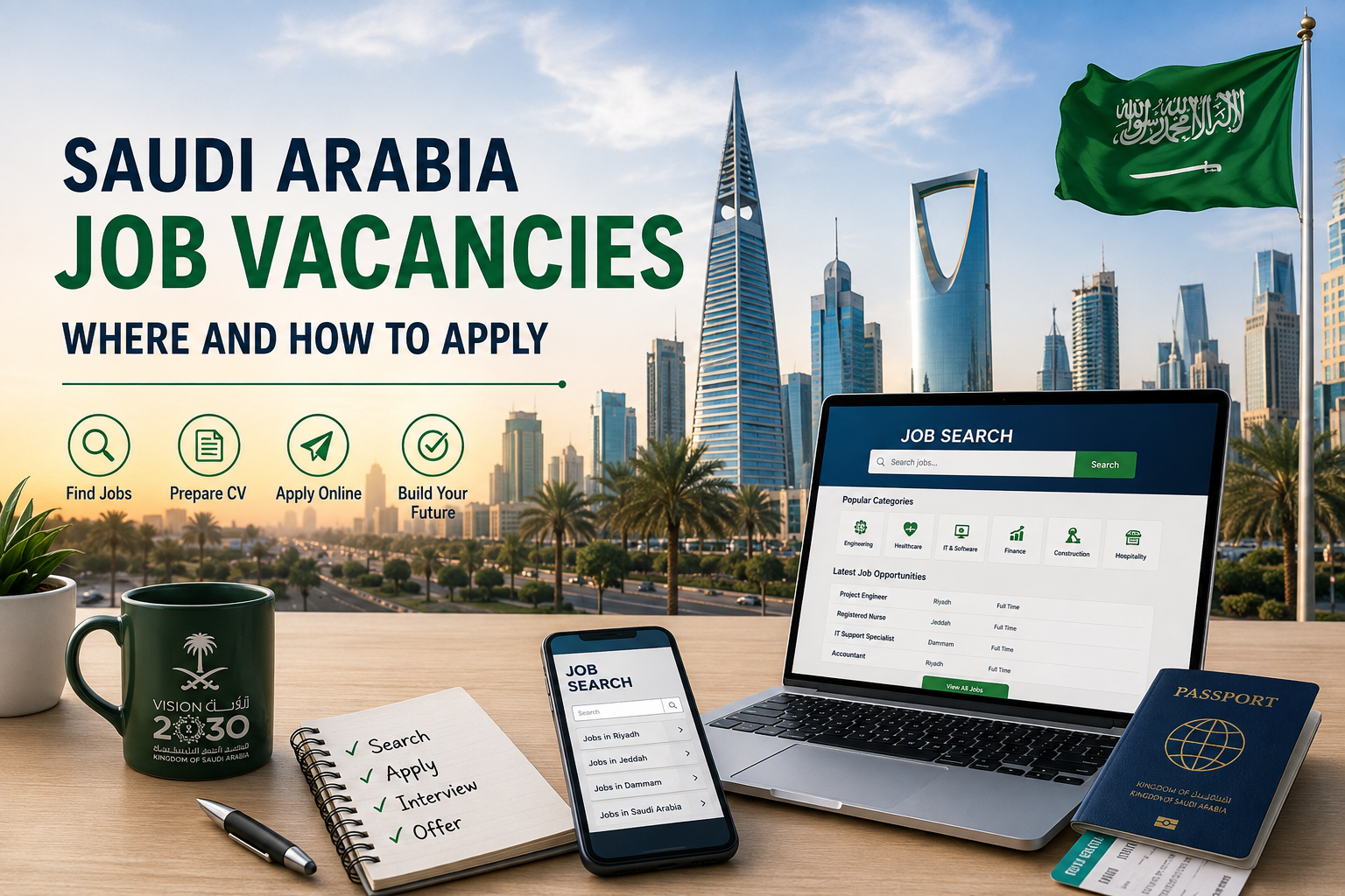 Professionals searching online for Saudi Arabia job vacancies with a modern Saudi city skyline in the background