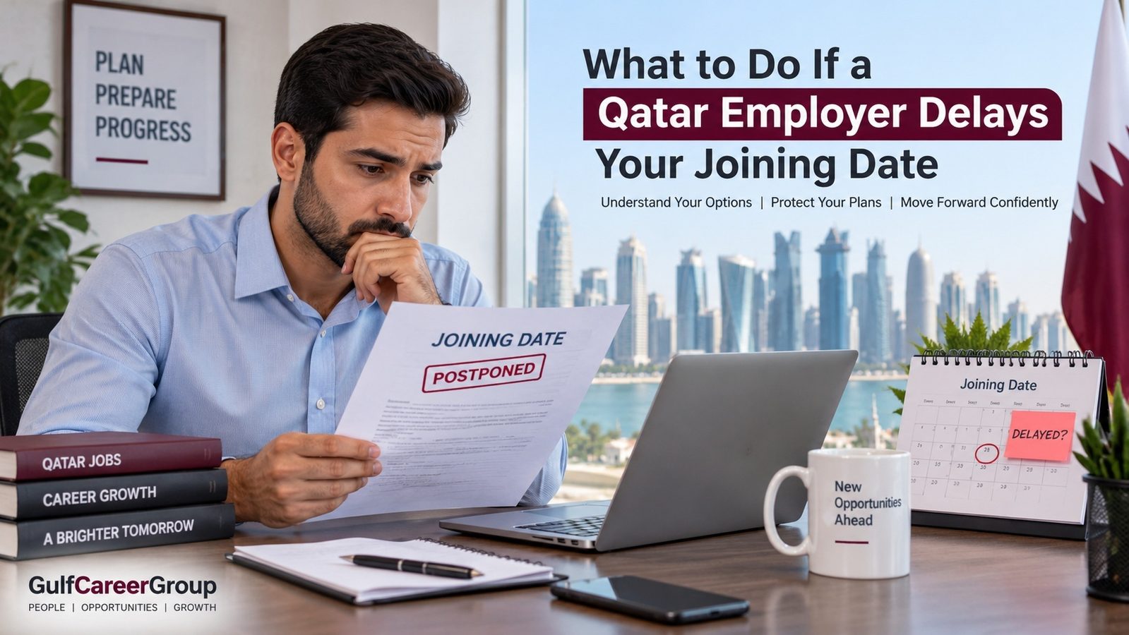 Candidate reviewing a Qatar joining delay email and employment offer