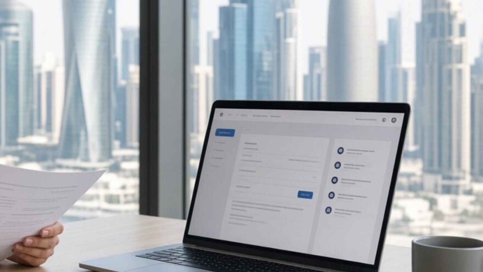 Qatar job interview notes and laptop in a Doha office with West Bay skyline