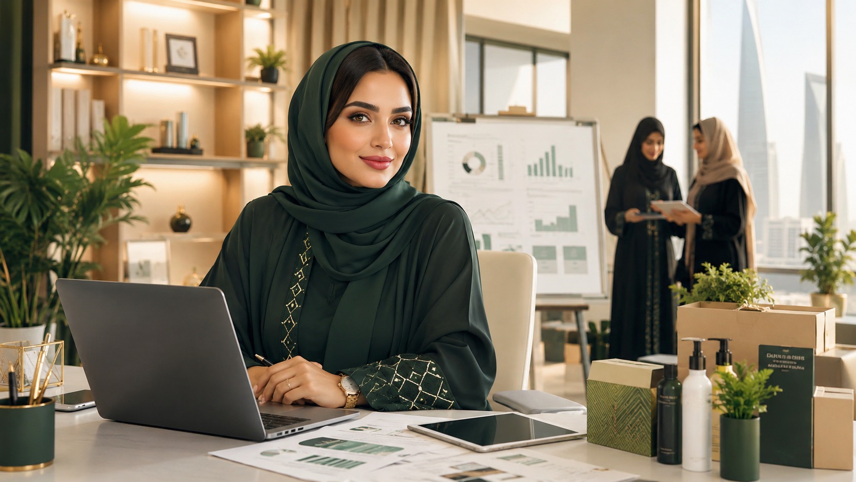 Saudi woman entrepreneur working on business planning in a modern office