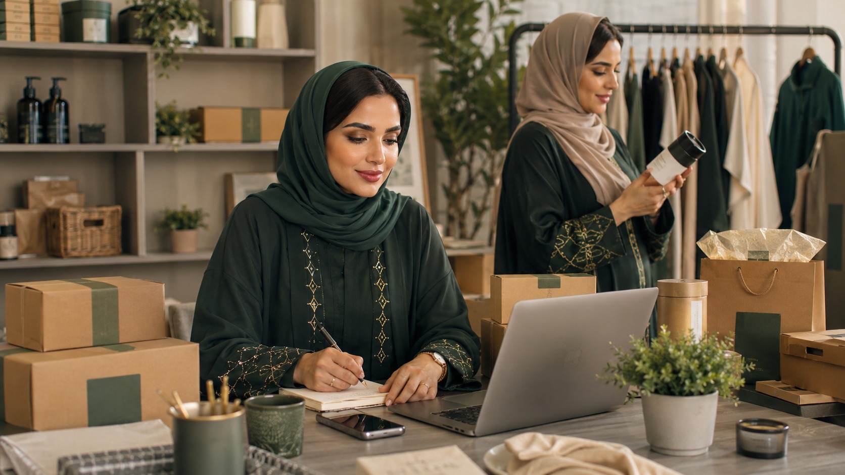 Saudi women entrepreneurs managing products and online business operations