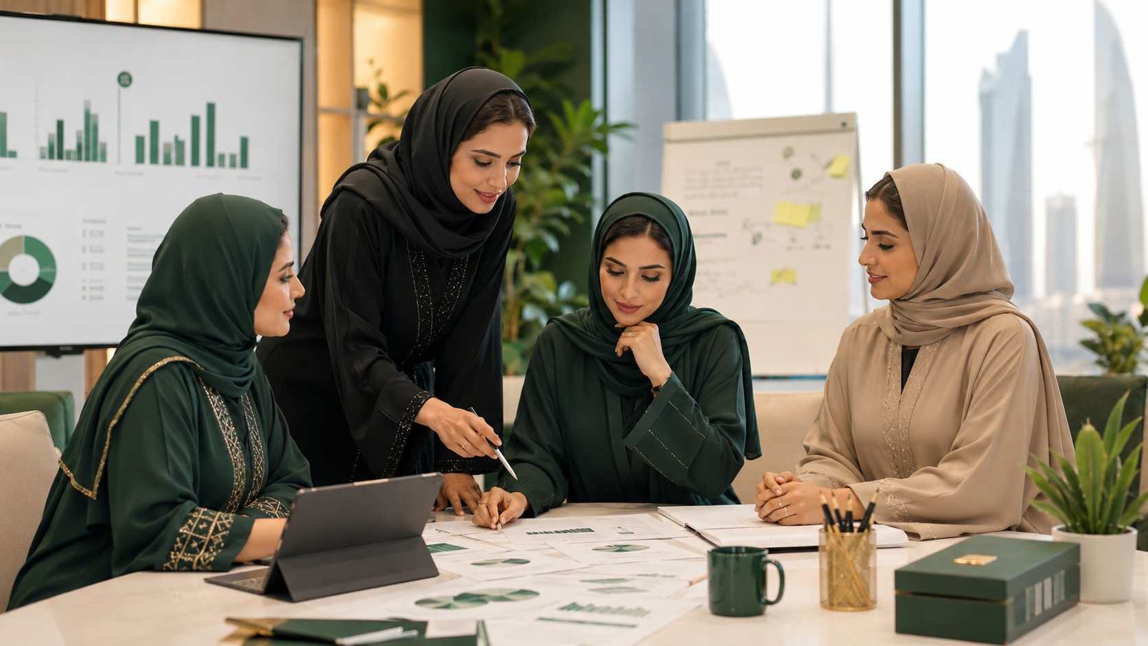 Saudi women entrepreneurs discussing business strategy and startup growth
