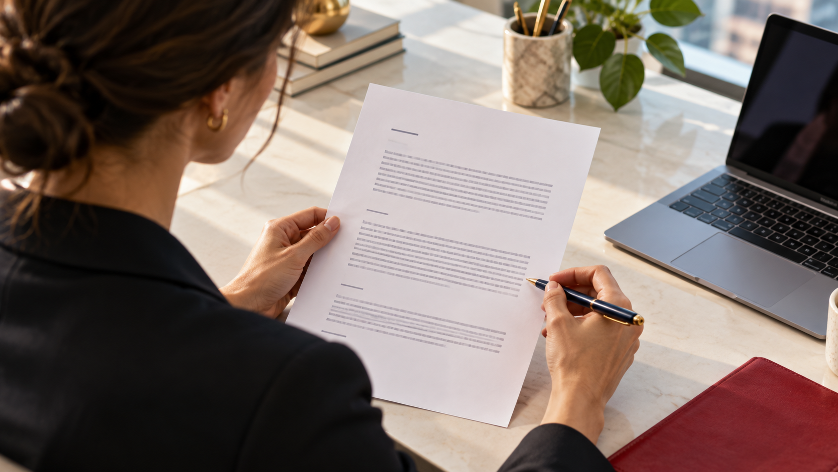 Professional reviewing a short cover letter beside a laptop